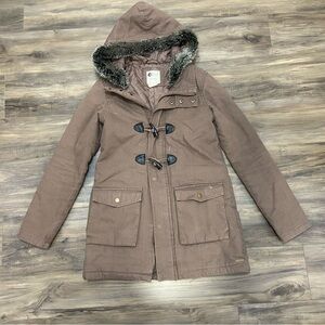 Billabong Y2K Quilted Brown Jacket With Fur Hood